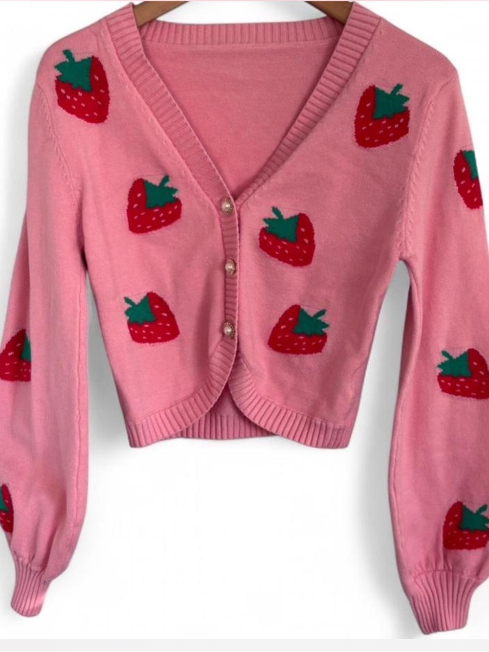 Pink‎ Strawberry-Print Cropped V-Neck Cardigan Y2K Size S